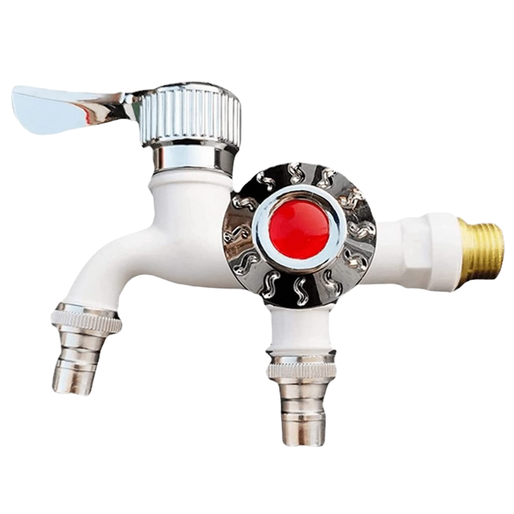 Robinet à double tête Valink, pièce de plomberie en métal avec deux sorties, couleur bleue, pour installation sanitaire.