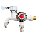 Robinet à double tête Valink, pièce de plomberie en métal avec deux sorties, couleur bleue, pour installation sanitaire.