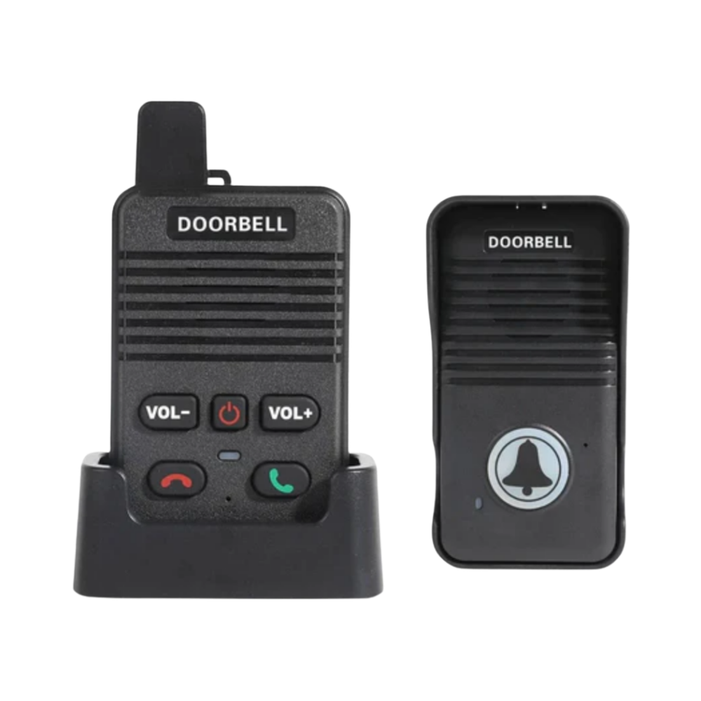 Sistema de sonnerie e interfone Valseel para portas, com comunicador avançado e componentes de quincailleria para instalação.