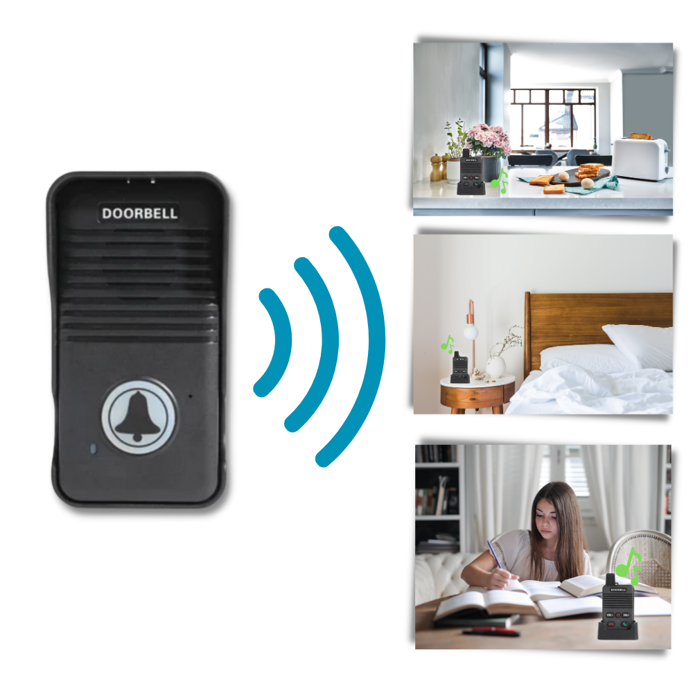 Sistema de sonnerie e interfone Valseel para portas com comunicação avançada, incluindo um emisor e receptor.