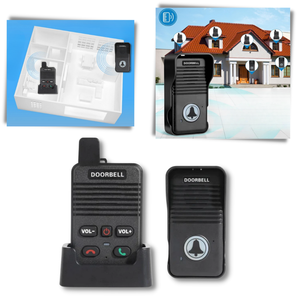 Interfone e campainha Valseel com emissores e receptores para comunicação avançada em quincailleria de portas.