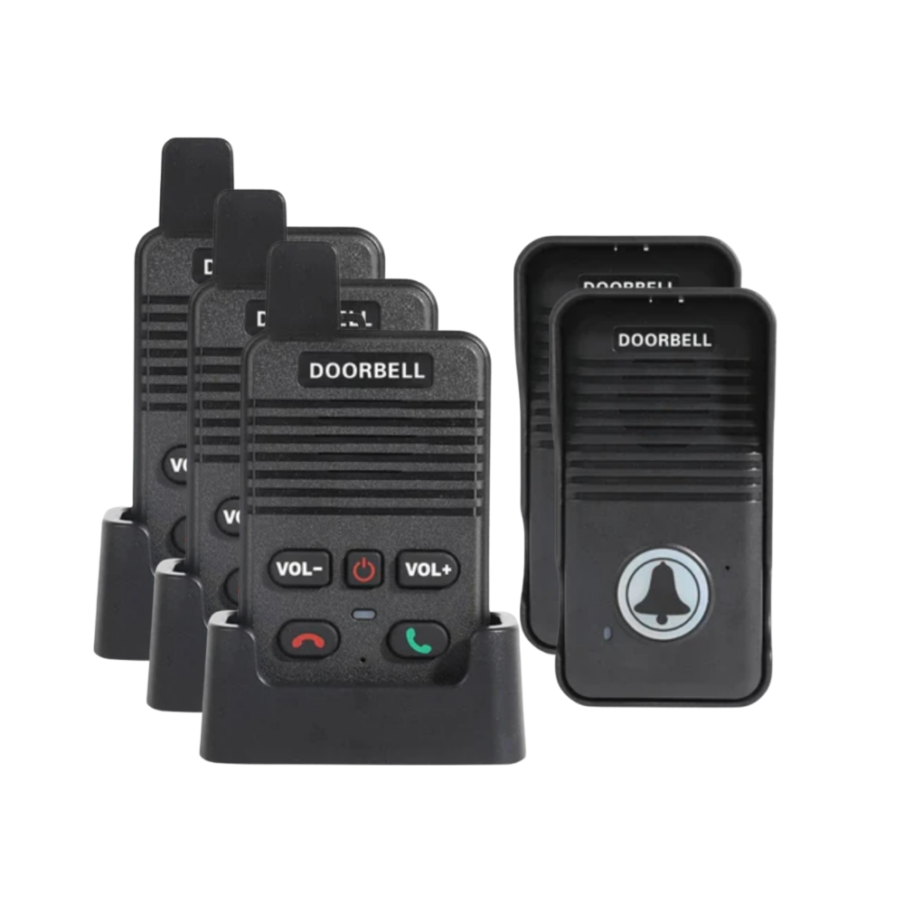 Sistema de sonnerie e interfone Valseel para portas, com emissores e receptores para comunicação avançada.