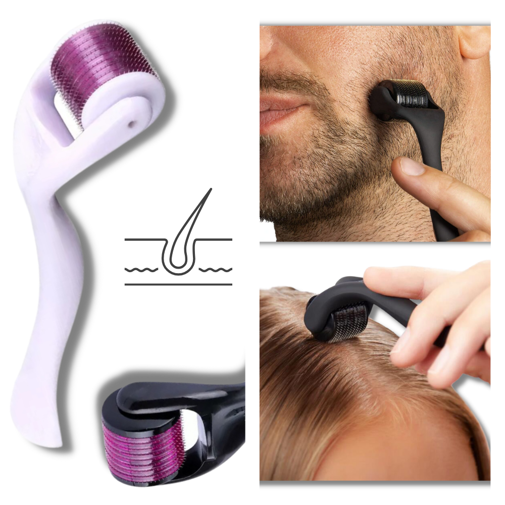Rouleau dermique preto para crescimento de cabelo e barba, produto de cuidado capilar da marca Valy Layton.