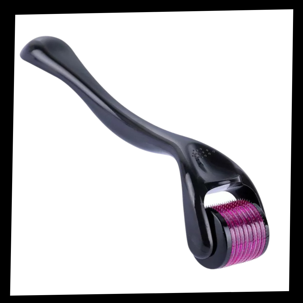 Rouleau dermique preto da Valy Layton para crescimento de cabelo e barba, ferramenta de cuidado capilar com textura de roletes.