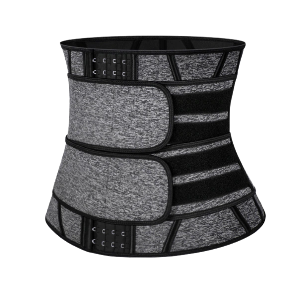Cinturão aminciante e aquecedor Vaslanda para treino e fitness, em preto com dupla faixa, usado na cintura para exercícios físicos.
