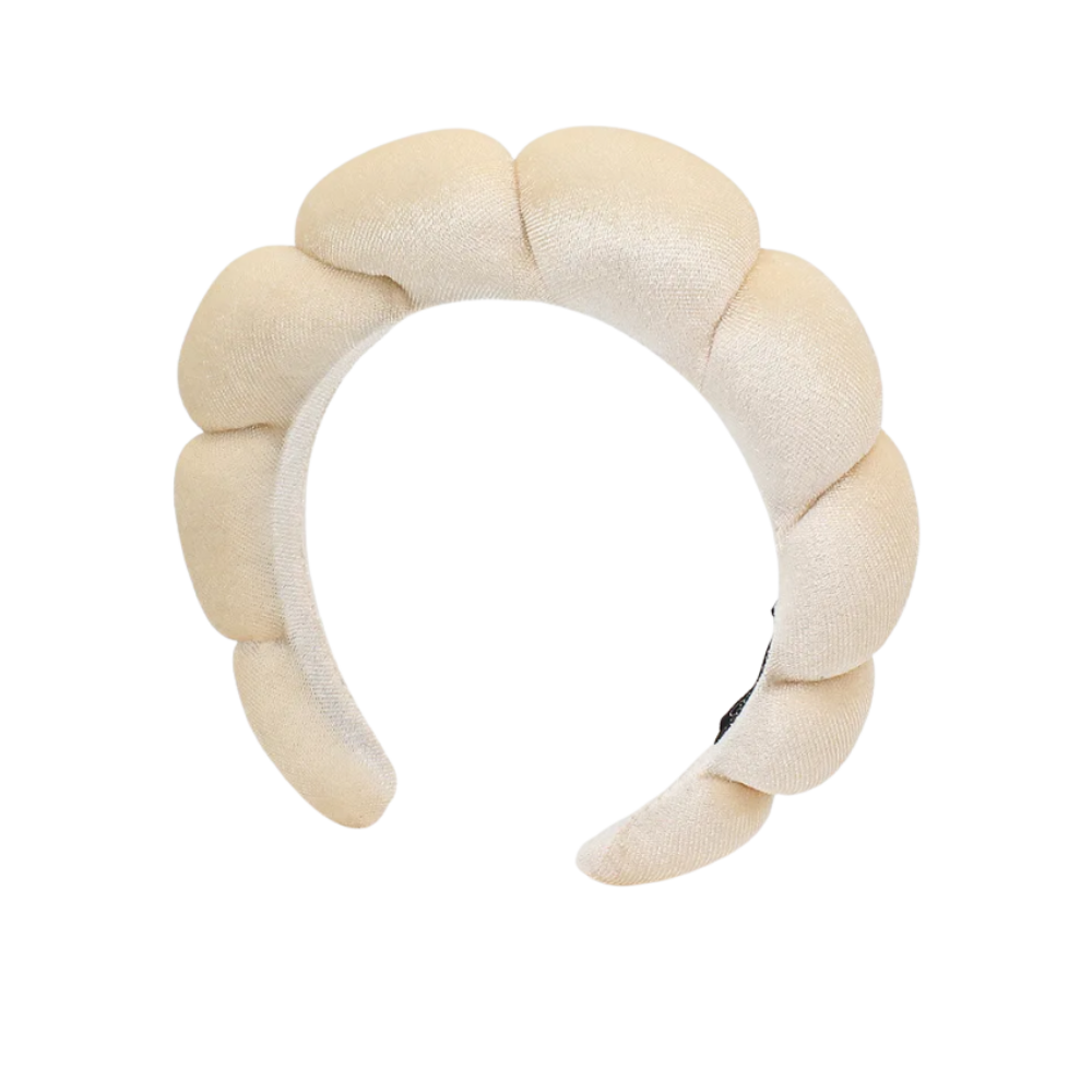 Faixa de cabelo em veludo champagne da Homyl, acessório para cuidados com a pele, confortável e elegante.