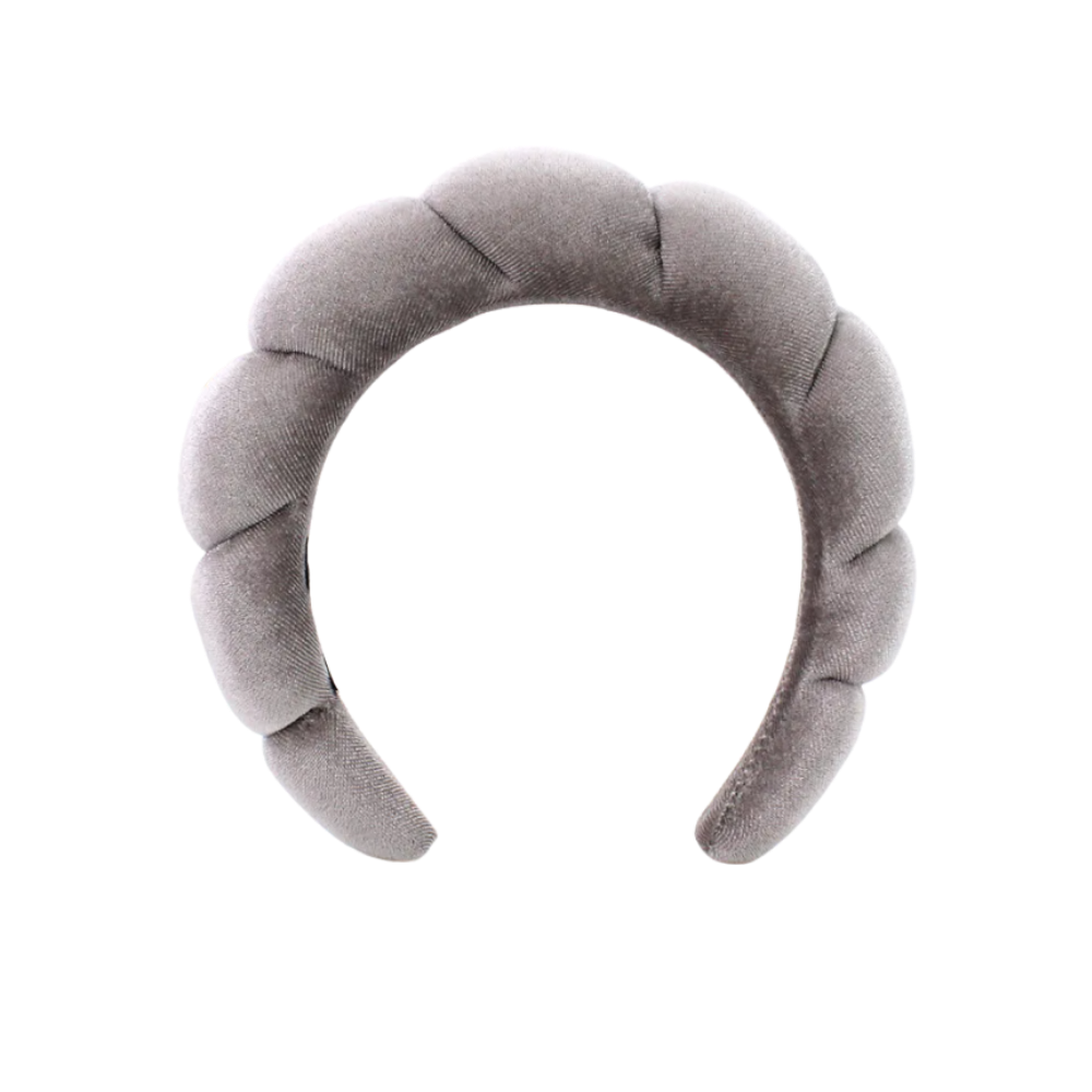 Faixa de cabelo em veludo cinza da Homyl para cuidados com a pele, acessório confortável para segurar cabelos durante rotina de beleza.