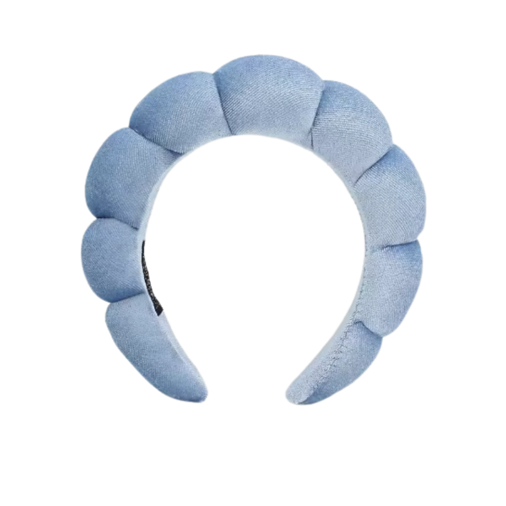 Faixa de cabelo em veludo azul claro da Homyl para cuidados com a pele, acessório confortável para penteados e rotina de beleza.