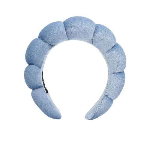 Faixa de cabelo em veludo azul claro da Homyl para cuidados com a pele, acessório confortável para penteados e rotina de beleza.