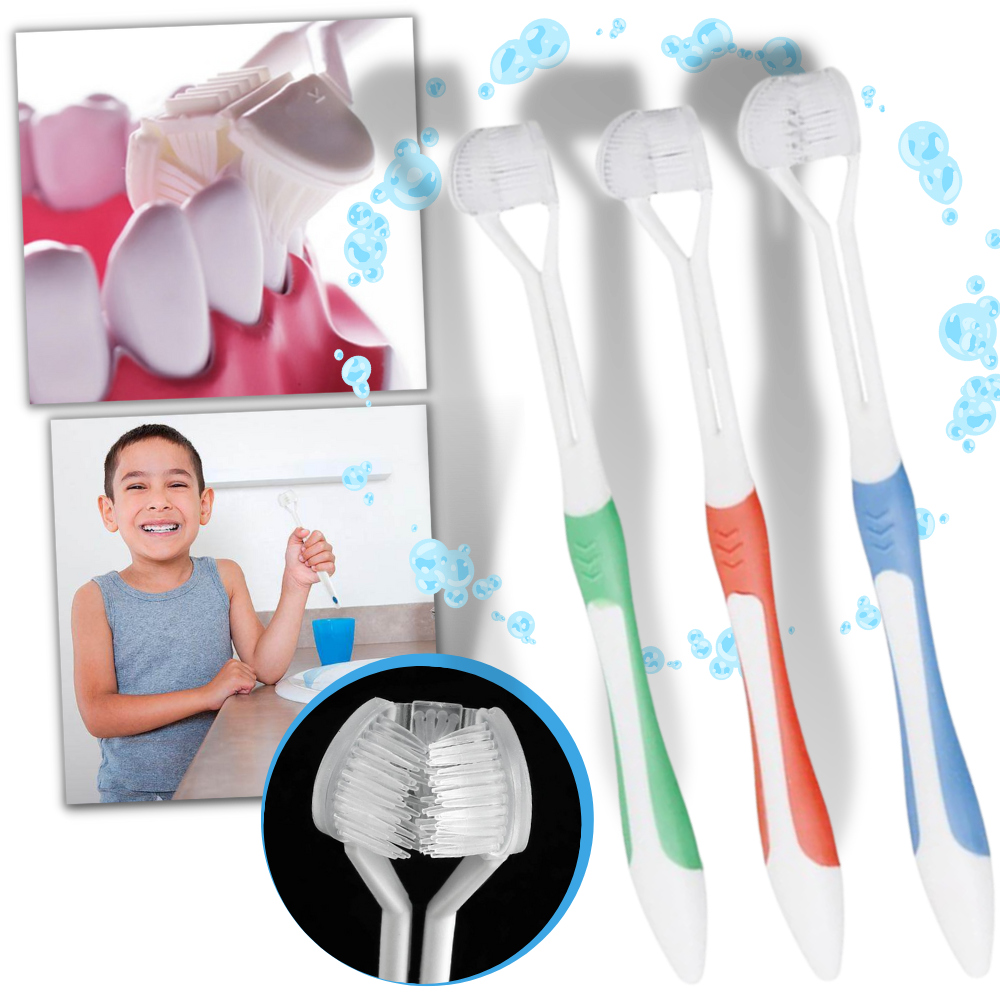Escova de dentes Viafly com três lados, para adultos e crianças, em cor azul, ideal para cuidados bucais eficientes.