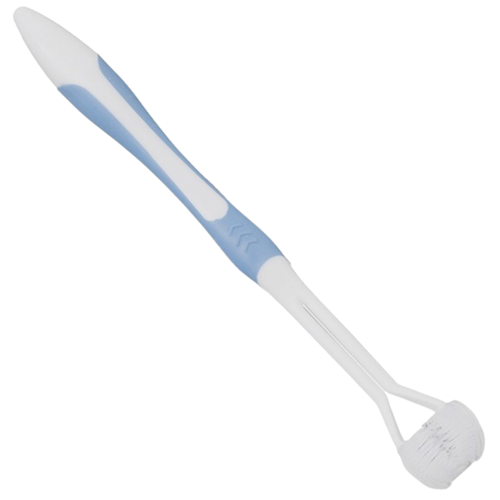 Escova de dentes Viafly de três faces em azul para cuidados bucais, adequada para adultos e crianças, com cerdas eficientes.