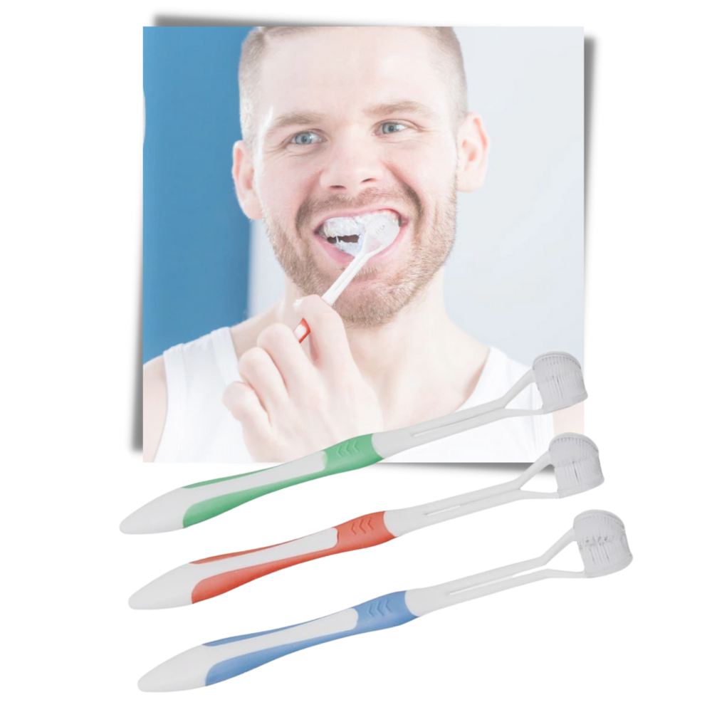 Escova de dentes Viafly com três faces, para cuidados bucais de adultos e crianças, cor azul.