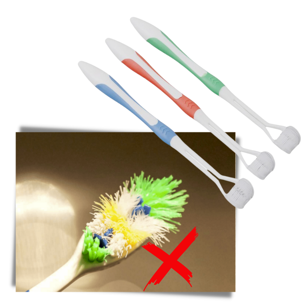 Escova de dentes Viafly com três faces, para adultos e crianças, na cor azul, ideal para cuidados bucais completos.
