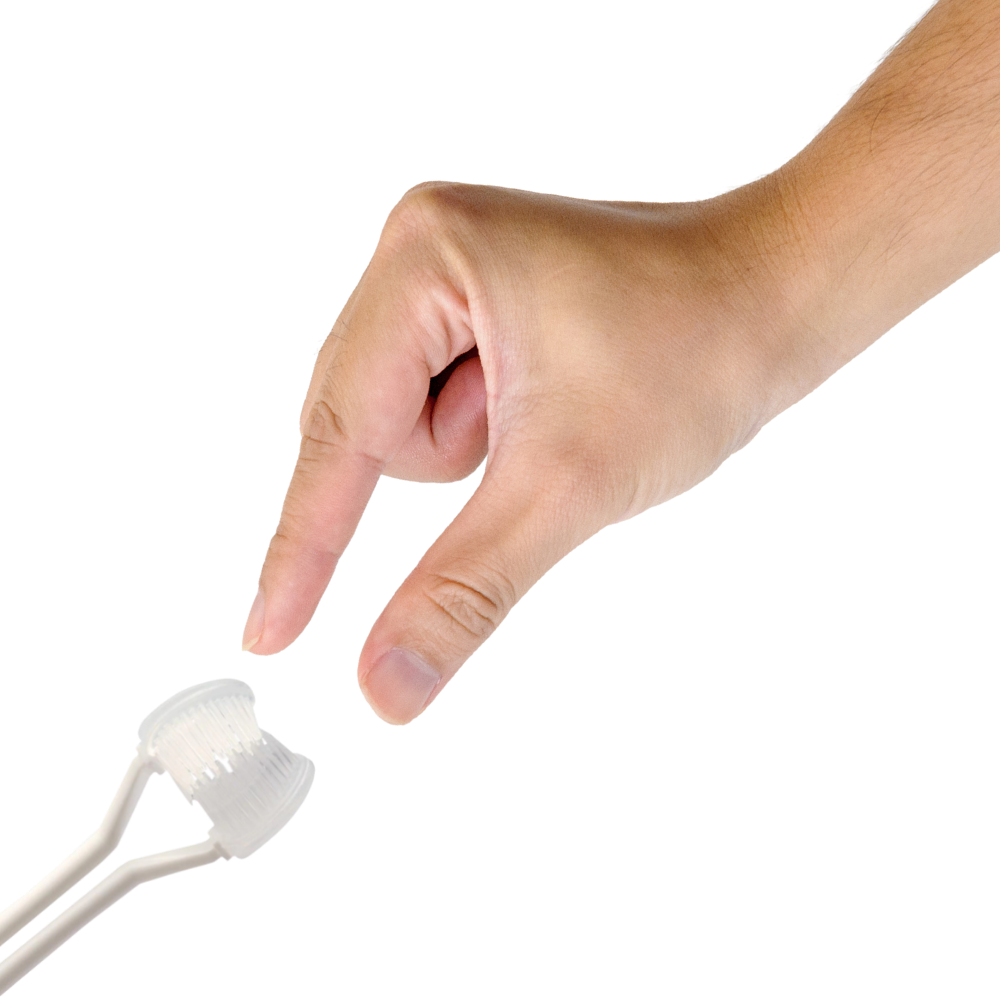 Escova de dentes Viafly de três faces em azul para cuidados bucais adultos e crianças, com cerdas macias e design ergonômico.