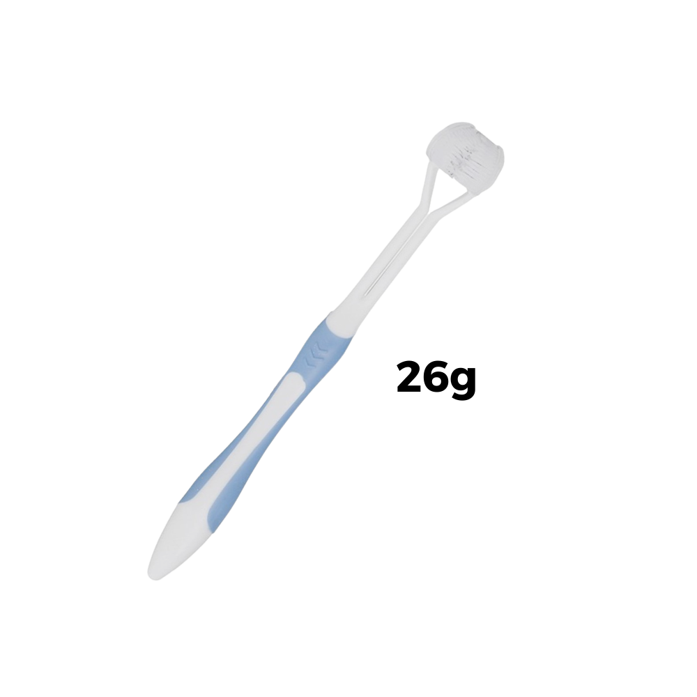 Escova de dentes Viafly de três faces para adultos e crianças, azul, para cuidados bucais eficientes.