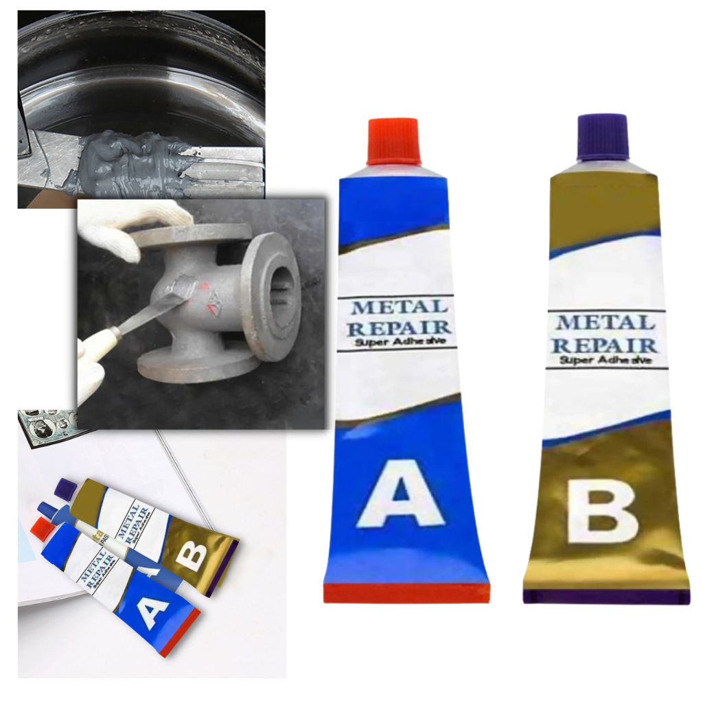 Pâte de réparation pour métaux industriels Viavioe, accessoire de quincaillerie, montrée en tube prête à l'emploi.