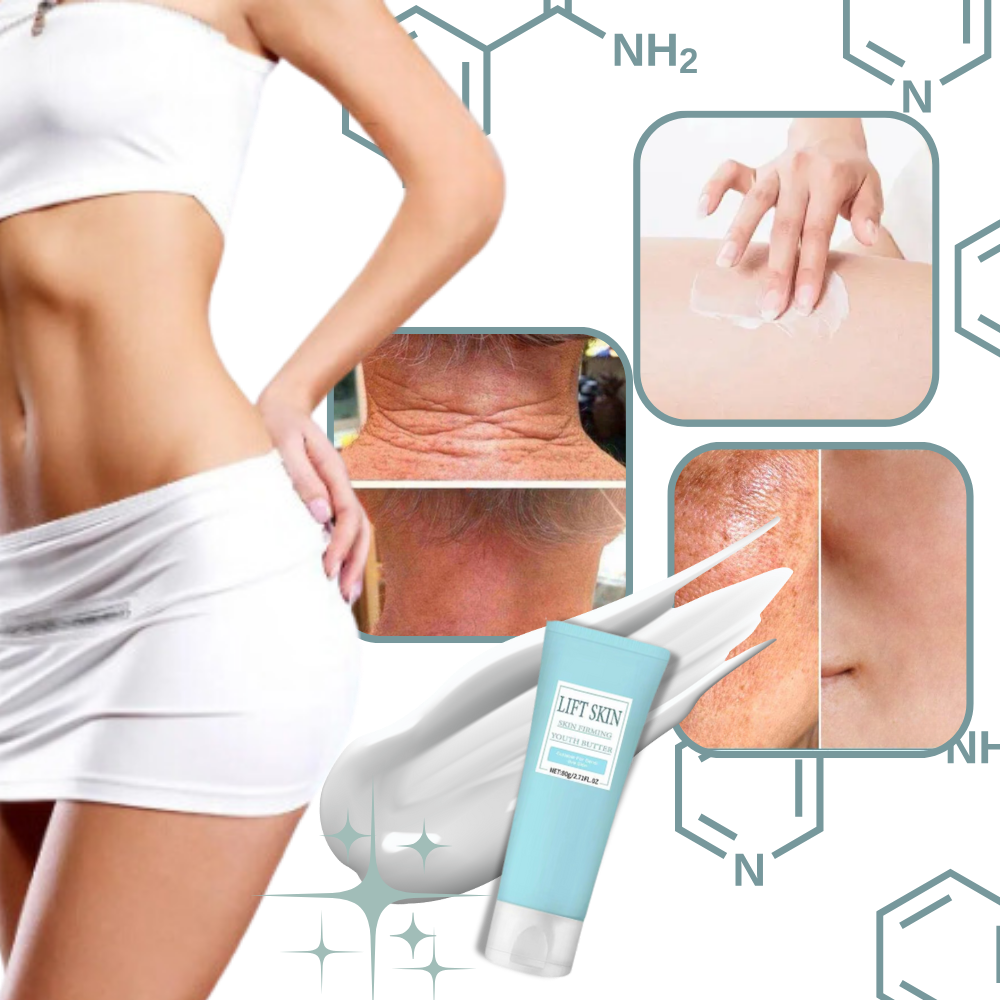 Creme raffermissante ultra hidratante da Viavioe, cosméticos, embalagem com textura cremosa e tubo branco com detalhes azuis
