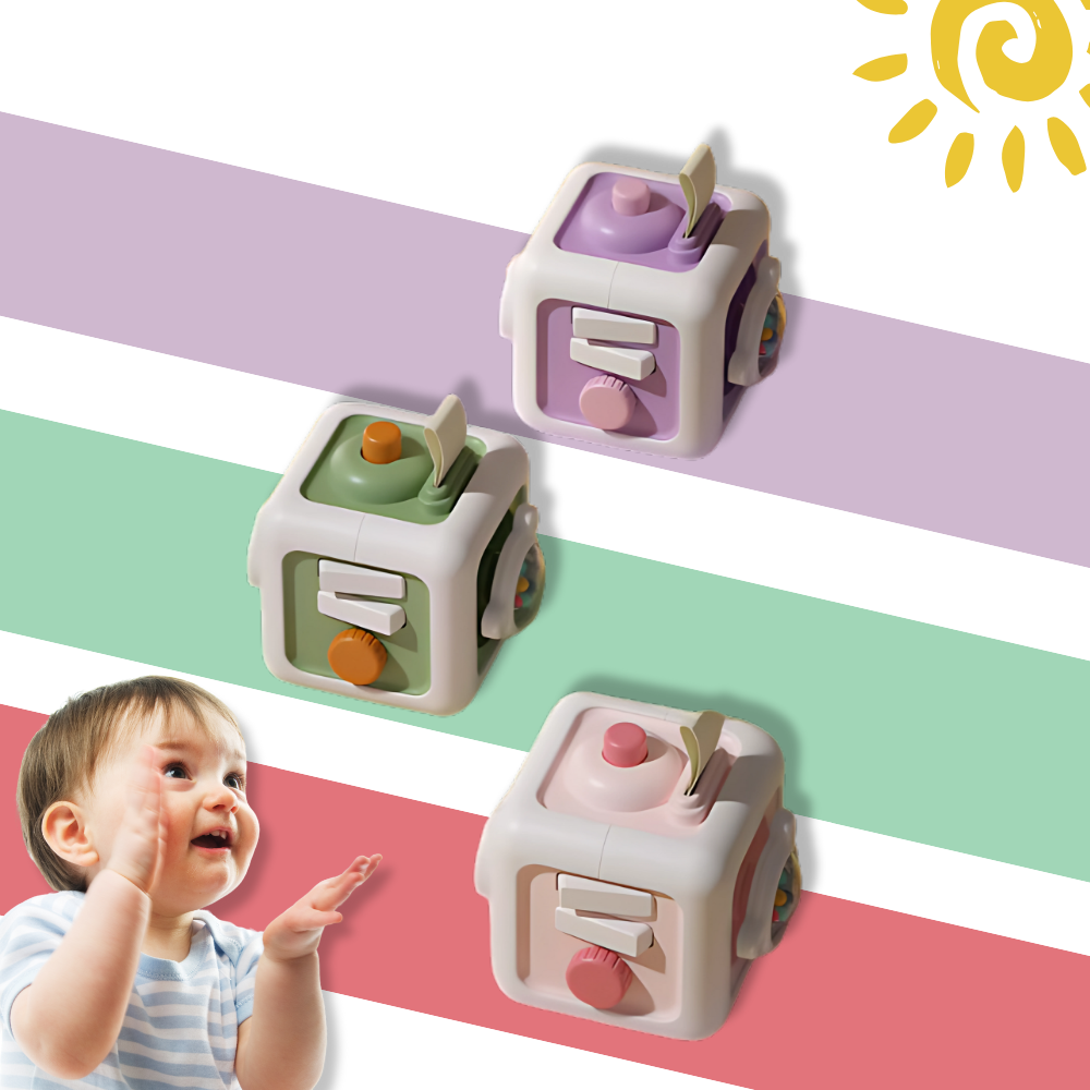 Brinquedo sensorial cubo 6 em 1 da Keep, brinquedo de construção colorido com várias formas e texturas para estimulação sensorial.