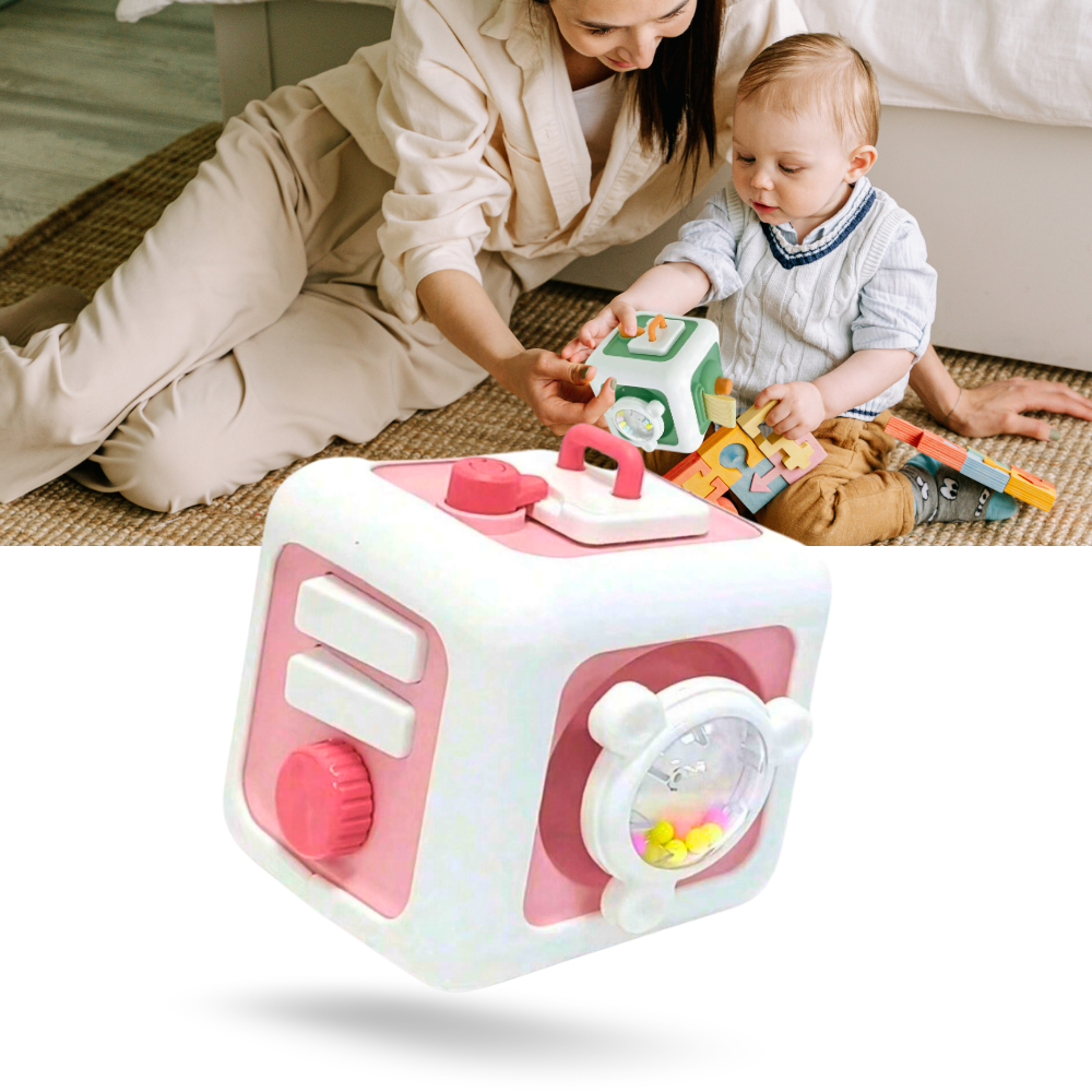 Brinquedo cubo sensorial 6 em 1 Keep, brinquedo de construção colorido com diferentes texturas e elementos interativos para crianças.