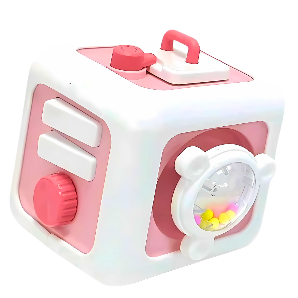 Brinquedo cubo sensorial 6 em 1 Keep, brinquedo de construção vibrante rosa com diferentes texturas e elementos para estimular os sentidos.