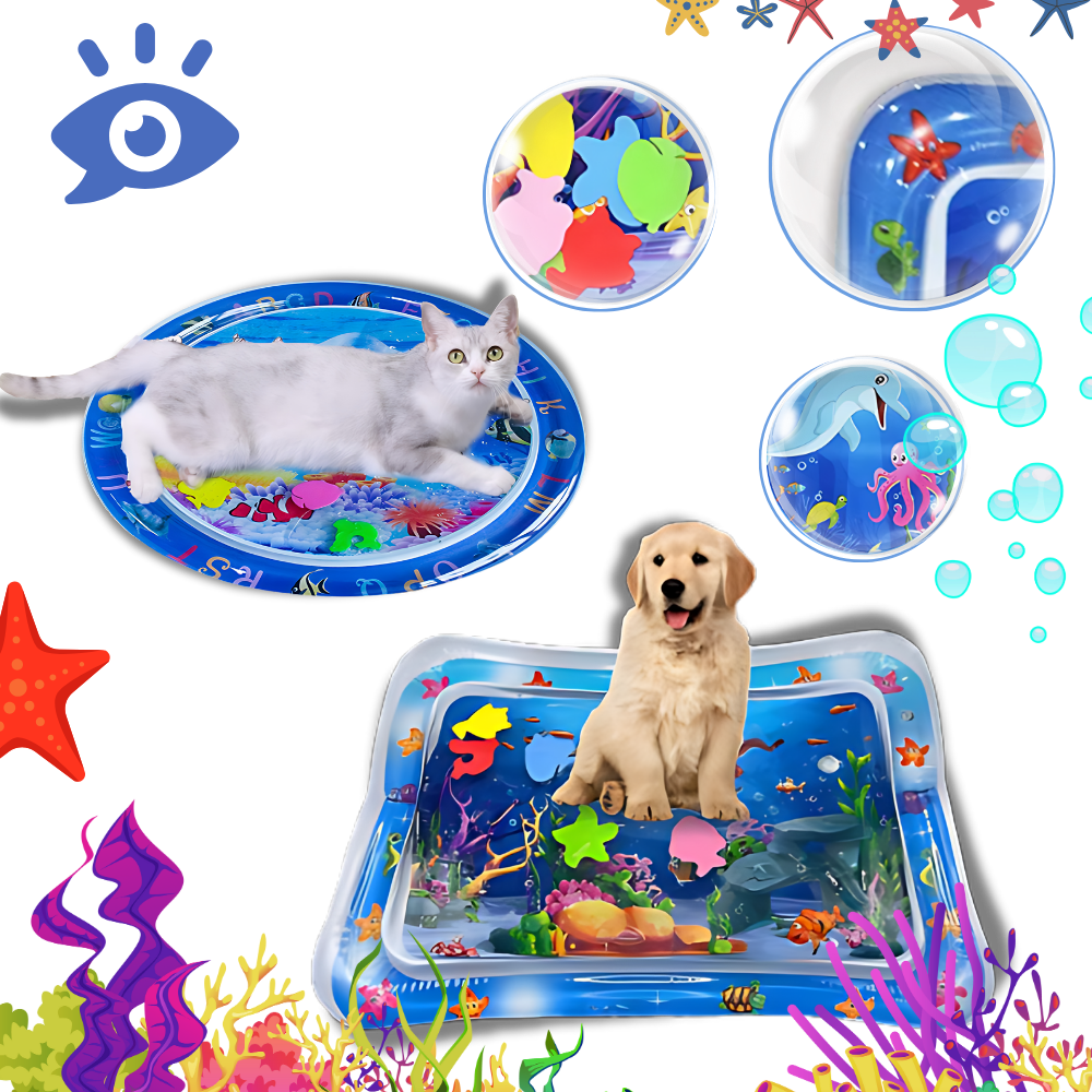Este tapete sensorial de água para animais de estimação da Aruwei, com design vibrante e colorido, oferece estímulo sensorial e diversão.