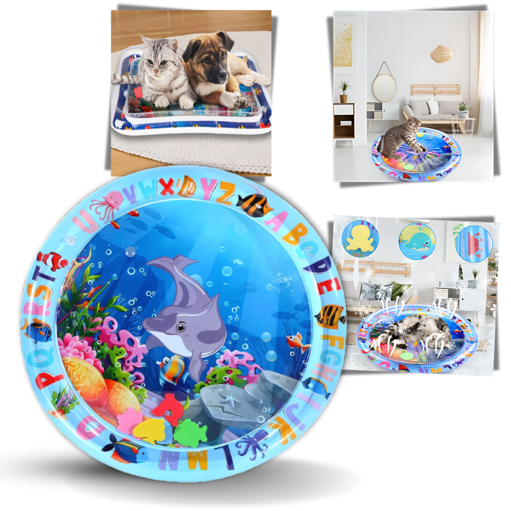 Tapete sensorial de água para animais de estimação Aruwei, com cores vibrantes e superfície interativa para diversão e estímulo.