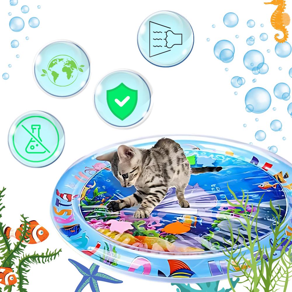 Tapete sensorial de água para animais de estimação Aruwei, com cores vibrantes e superfície interativa para diversão e relaxamento.