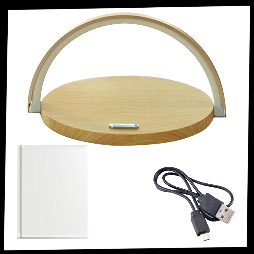 Lâmpada de escritório Vikudaty com carregador sem fio para telefone e base de madeira, iluminação moderna e funcional.
