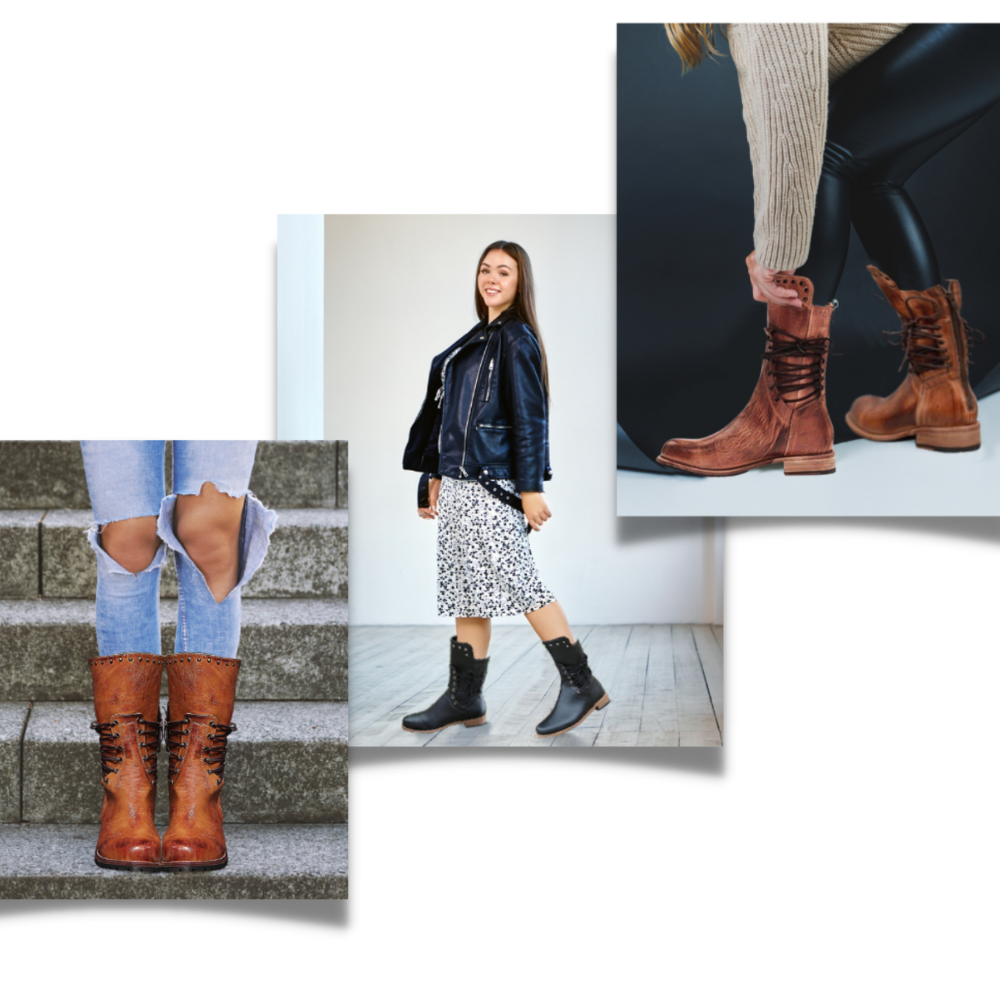 Bota ankle vintage em couro PU marrom escuro da marca Okbop, estilo clássico com acabamento envelhecido.