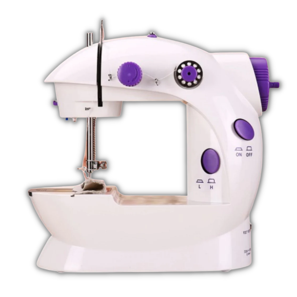 Máquina de costura elétrica portátil Vobor para artesanato, mostrada em uso com tecido colorido e agulha pronta para costura.