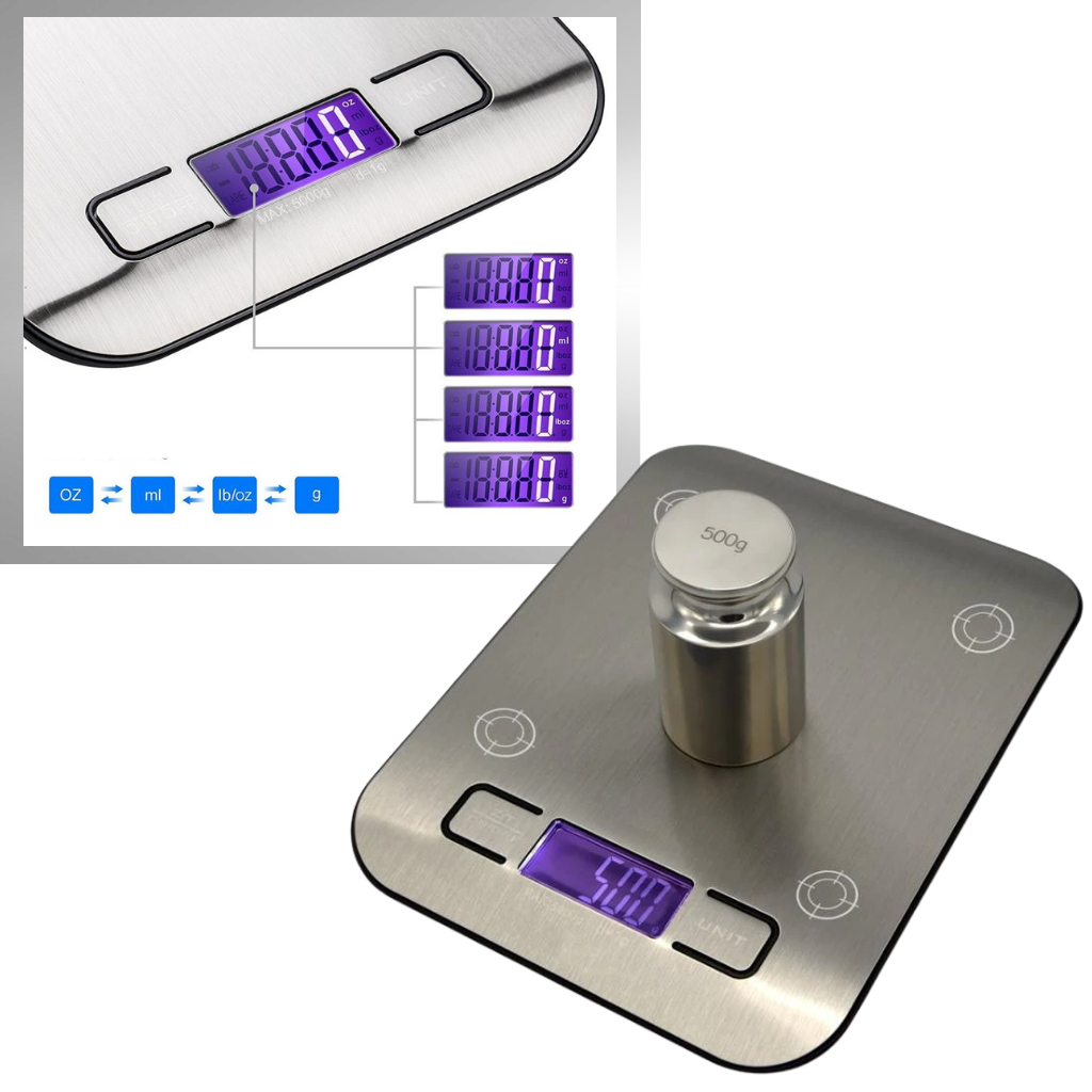 Balance de cuisine numérique Vont com display LCD, corpo em aço inoxidável, usada para medir ingredientes com precisão.