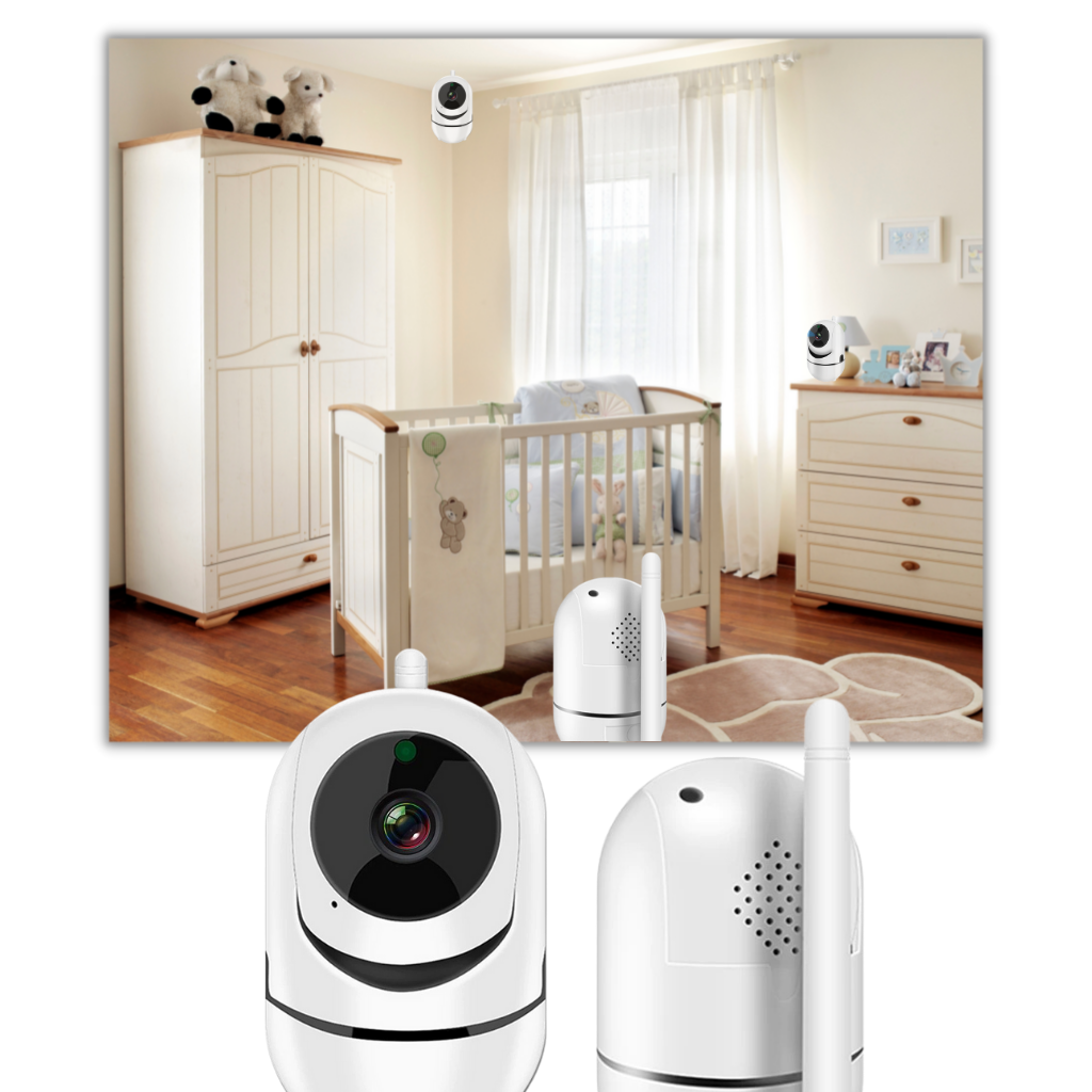 Câmera de segurança sem fio HD da Vonter com lente, sensor de movimento e detecção de som, instalada em ambiente interno.