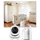 Câmera de segurança sem fio HD da Vonter com lente, sensor de movimento e detecção de som, instalada em ambiente interno.