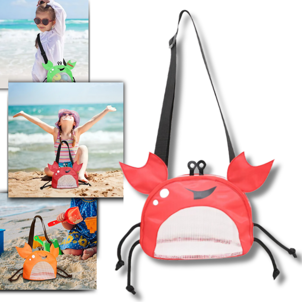 Sac de plage pour crianças em forma de caranguejo, impermeável, ideal para brinquedos de areia e atividades na praia.
