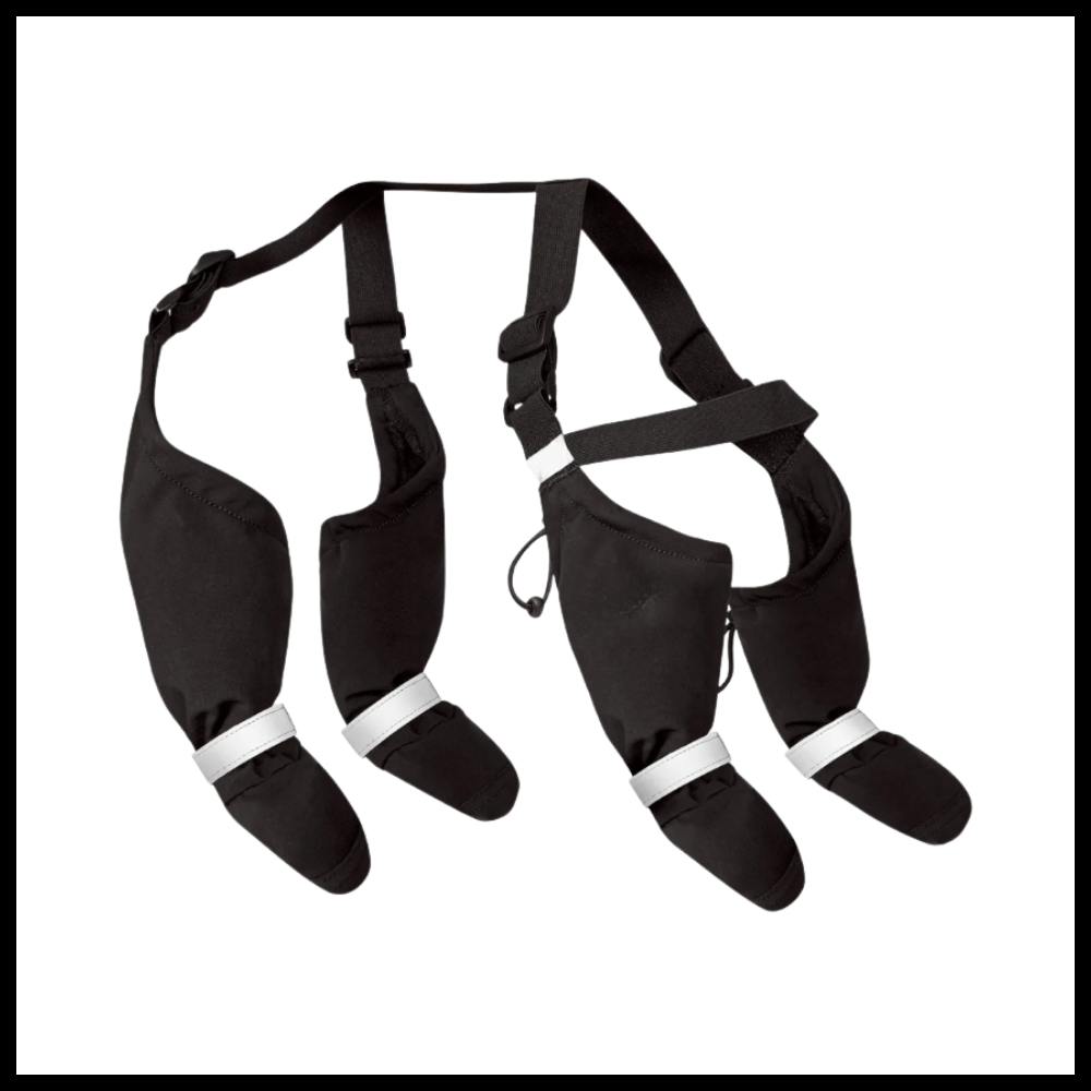 Bottes à bretelles imperméáveis para cães da Canine Care Products, LLC, com detalhes do pacote e acabamento resistente à água.