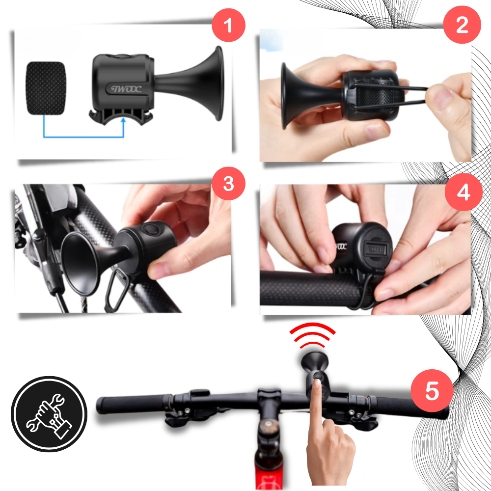 buzina elétrica à prova d'água para bicicleta Acaigel, som alto, fácil de instalar em ciclismo, visível na imagem.