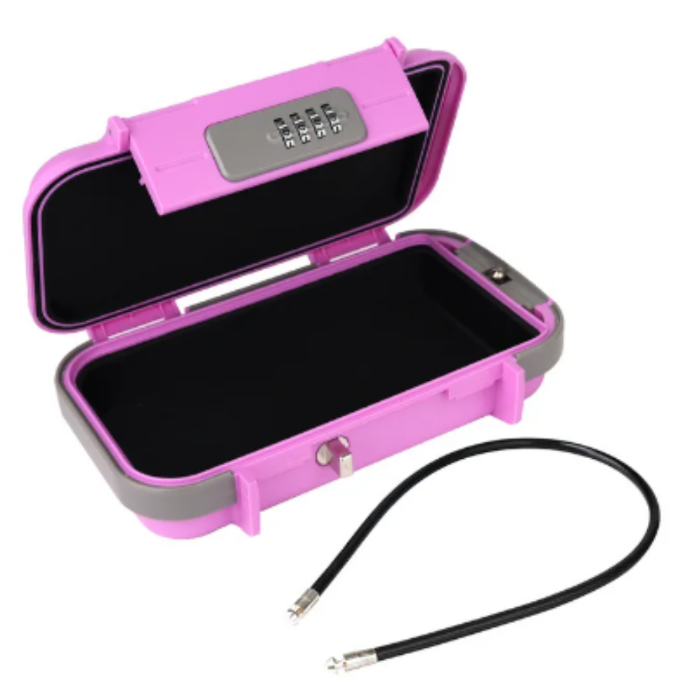 Caixa de armazenamento pequena, à prova d'água e com trava, marca Oria, cor rosa, ideal para proteger itens valiosos.