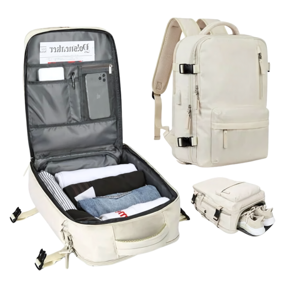 Mochila de viagem à prova d'água da Okeba com carregador USB integrado, cor bege e compartimentos espaçosos.