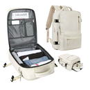 Mochila de viagem à prova d'água da Okeba com carregador USB integrado, cor bege e compartimentos espaçosos.