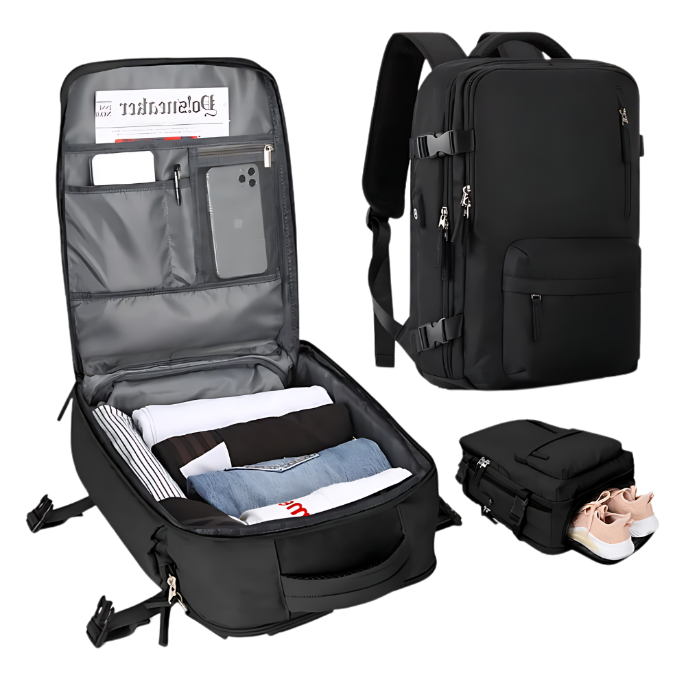 Mochila de viagem à prova d'água da Okeba com porta USB, cor preta, compartimentos para carga e armazenamento seguro