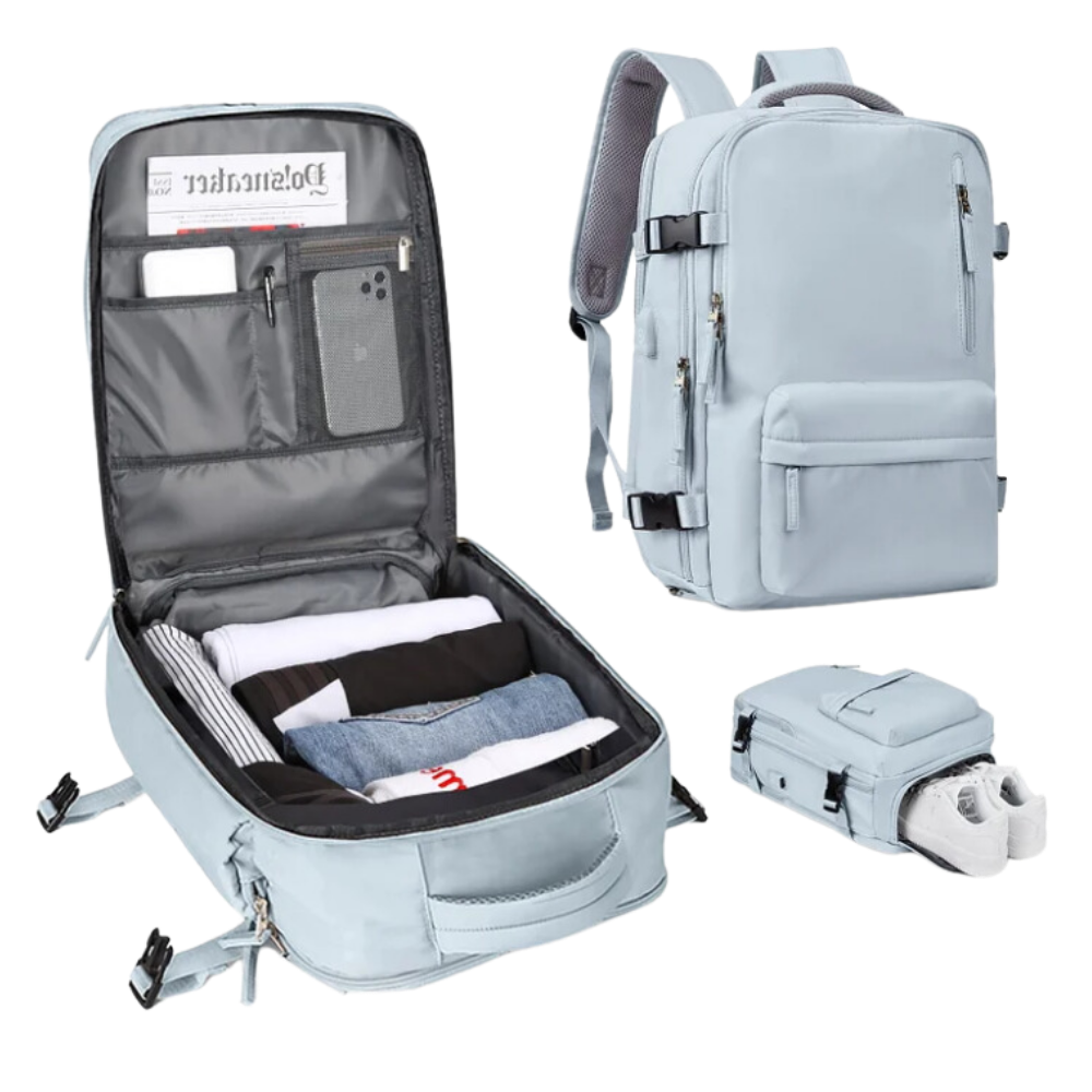 Mochila de viagem à prova d'água da Okeba com porta USB, em azul, com compartimentos para carregar eletrônicos e objetos pessoais.