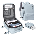 Mochila de viagem à prova d'água da Okeba com porta USB, em azul, com compartimentos para carregar eletrônicos e objetos pessoais.