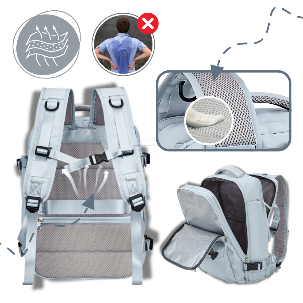 Mochila de viagem impermeável Okeba com carregador USB integrado, respirável e resistente à água, ideal para viagens e uso diário.
