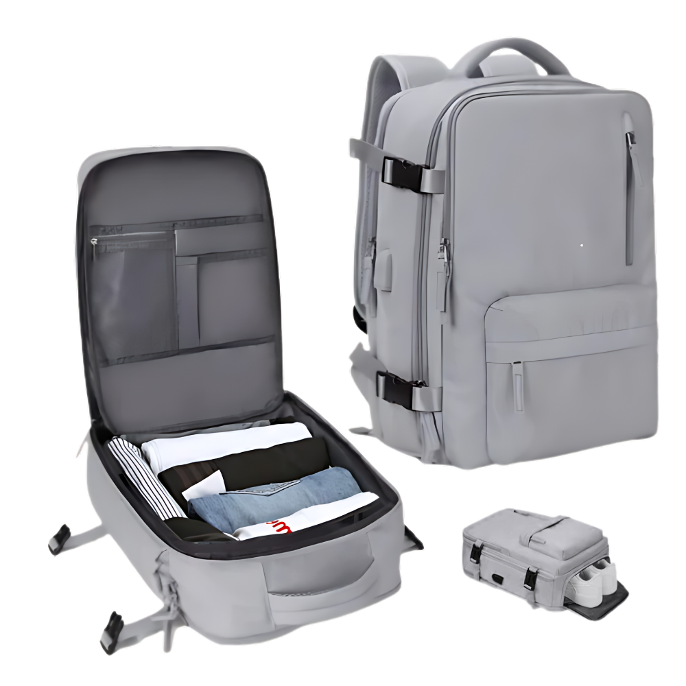 Mochila de viagem à prova d'água da Okeba com carregador USB integrado, cor cinza, para viagens e uso diário.