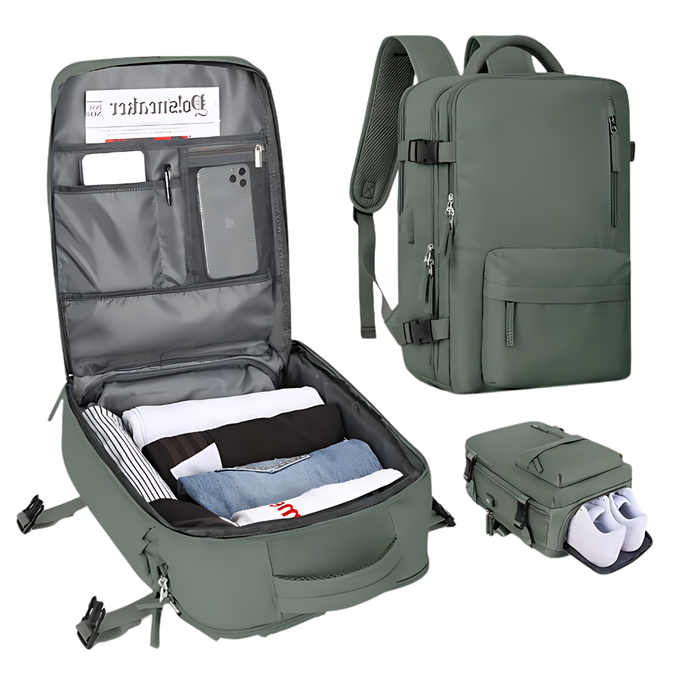 Mochila de viagem à prova d'água da Okeba com porta USB, em verde, com compartimentos para carga e objetos pessoais.