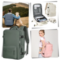 Mochila de viagem à prova d'água da Okeba com porta USB para carregamento, vista frontal com alças e compartimentos.