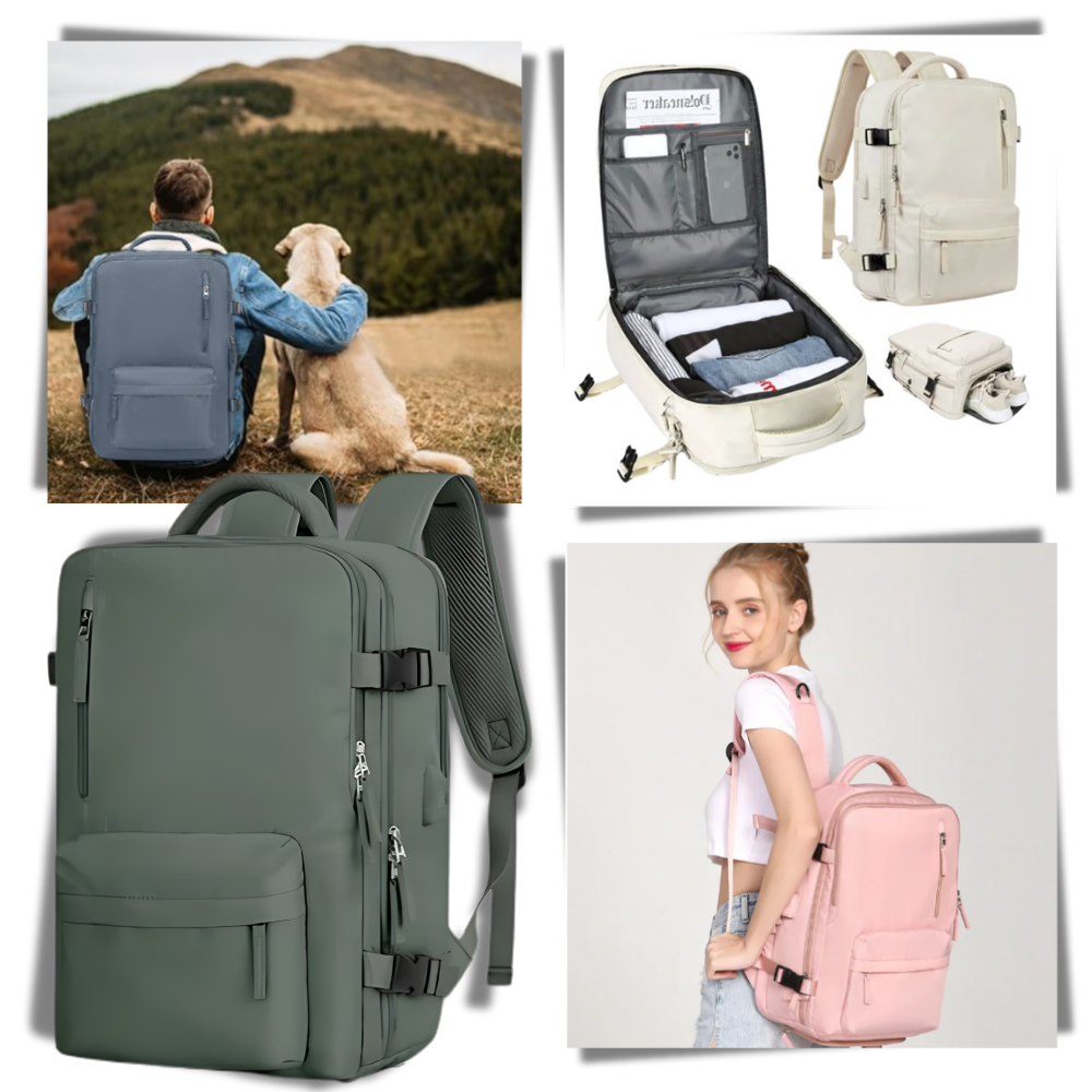 Mochila de viagem à prova d'água da Okeba com porta USB para carregamento, vista frontal com alças e compartimentos.