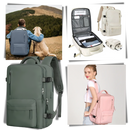Mochila de viagem à prova d'água da Okeba com porta USB para carregamento, vista frontal com alças e compartimentos.