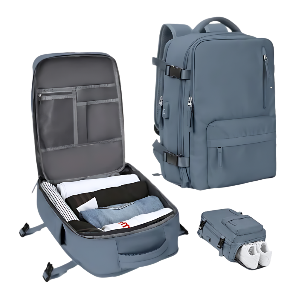 Mochila de viagem à prova d'água Okeba com carregador USB, na cor azul-marinho, com compartimentos para itens pessoais.