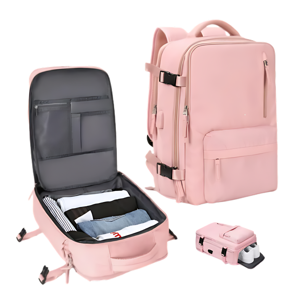 Mochila de viagem impermeável da Okeba com carregador USB, cor rosa, design resistente e ideal para viagens e uso diário.